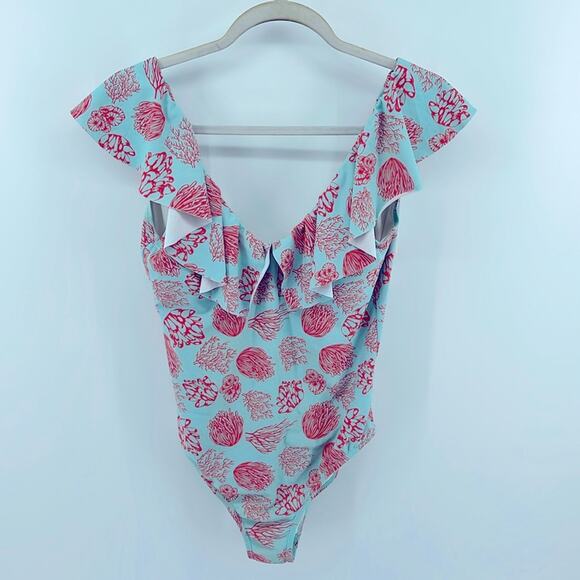 Agua Maria Matilda coral print ruffle scoop back one piece swimsuit sz L